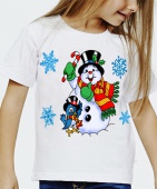 Новогодняя футболка "Снеговик с птичкой" детская с принтом на сайте mosmayka.ru