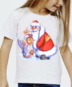 Новогодняя футболка "Дед мороз и снегурочка" детская с принтом на сайте mosmayka.ru