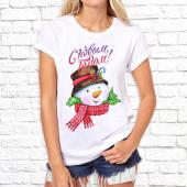 Новогодняя футболка "Снеговик в шарфе" женская с принтом