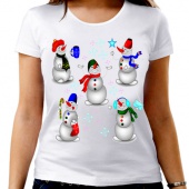 Новогодняя футболка "Снеговики 1" женская с принтом на сайте mosmayka.ru