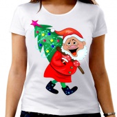 Новогодняя футболка "Санта с ёлкой" женская с принтом на сайте mosmayka.ru