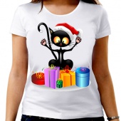 Новогодняя футболка "Кот с подарками" женская с принтом на сайте mosmayka.ru