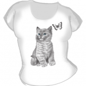 Женская футболка "Кошка с бабочкой" с принтом