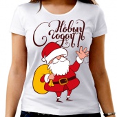 Новогодняя футболка "Дед мороз с подарками" женская с принтом