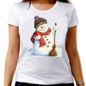 Новогодняя футболка "Снеговик с метлой" женская с принтом