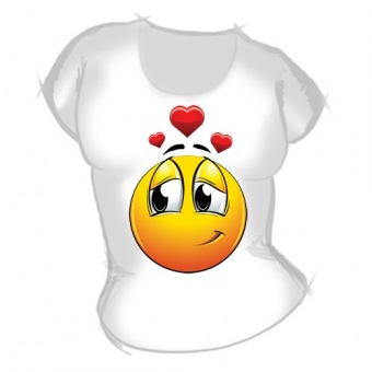 Женская футболка "Смайлик с сердечками" с принтом на сайте mosmayka.ru