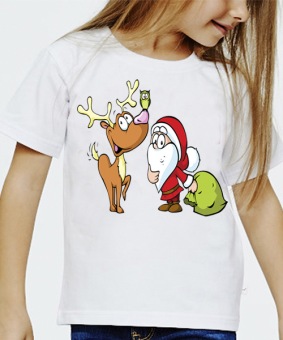 Новогодняя футболка "Олень с морозом 1" детская с принтом на сайте mosmayka.ru