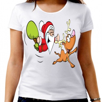 Новогодняя футболка "Олень и дед мороз 1" женская с принтом на сайте mosmayka.ru