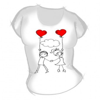 Женская футболка "Парень и девушка с шарами" с принтом на сайте mosmayka.ru