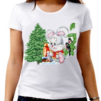 Новогодняя футболка "Новогодний зайчик" женская с принтом на сайте mosmayka.ru