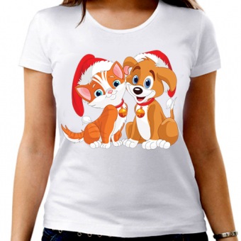 Новогодняя футболка "Котёнок и щенок"женская с принтом на сайте mosmayka.ru