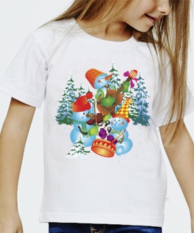 Новогодняя футболка "Снеговики" детская с принтом на сайте mosmayka.ru