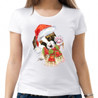 Новогодняя футболка "Собачка 10" женская с принтом на сайте mosmayka.ru