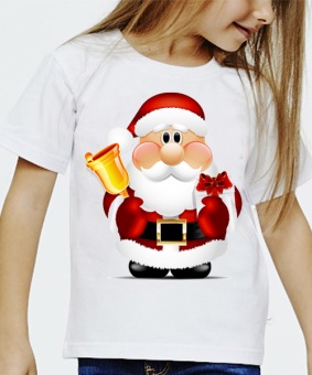 Новогодняя футболка "Санта с колокольчиком" детская с принтом на сайте mosmayka.ru