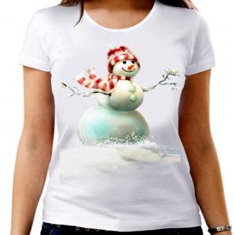 Новогодняя футболка "Снеговик 15" женская с принтом на сайте mosmayka.ru