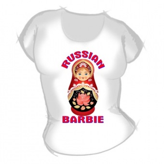 Женская футболка "Russian Barbie" с принтом на сайте mosmayka.ru